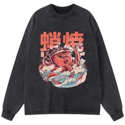 Tokyo-Tiger The Great Wave Takoyaki Japanese Washed Long Sleeve T-Shirt