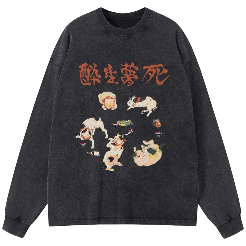Tokyo-Tiger Drunken Cats Washed Long Sleeve T-Shirt