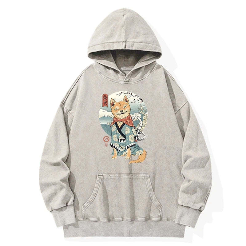 Tokyo-Tiger Samurai Shiba Dog Japanese Washed Hoodie