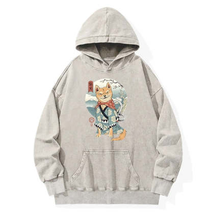 Tokyo-Tiger Samurai Shiba Dog Japanese Washed Hoodie