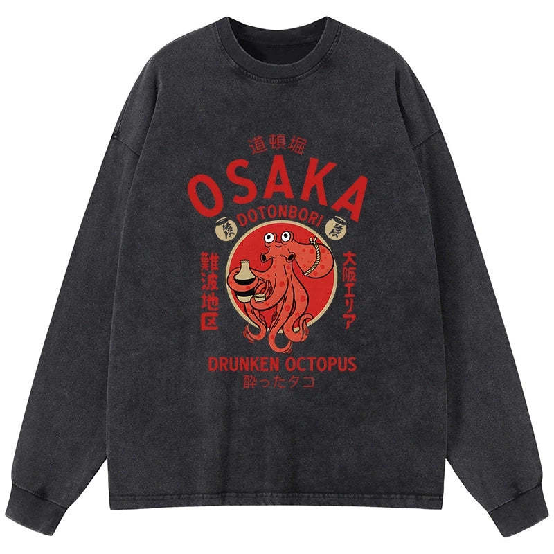 Tokyo-Tiger Drunken Octopus Japan Washed Long Sleeve T-Shirt Sale
