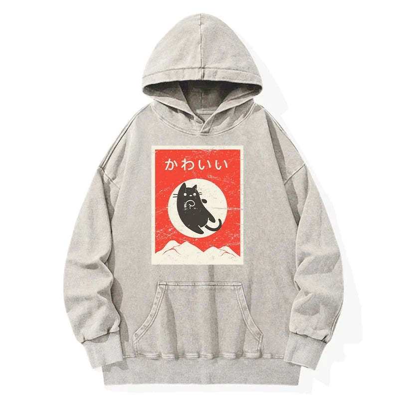 Tokyo-Tiger Cute Black Cat Japanese Washed Hoodie