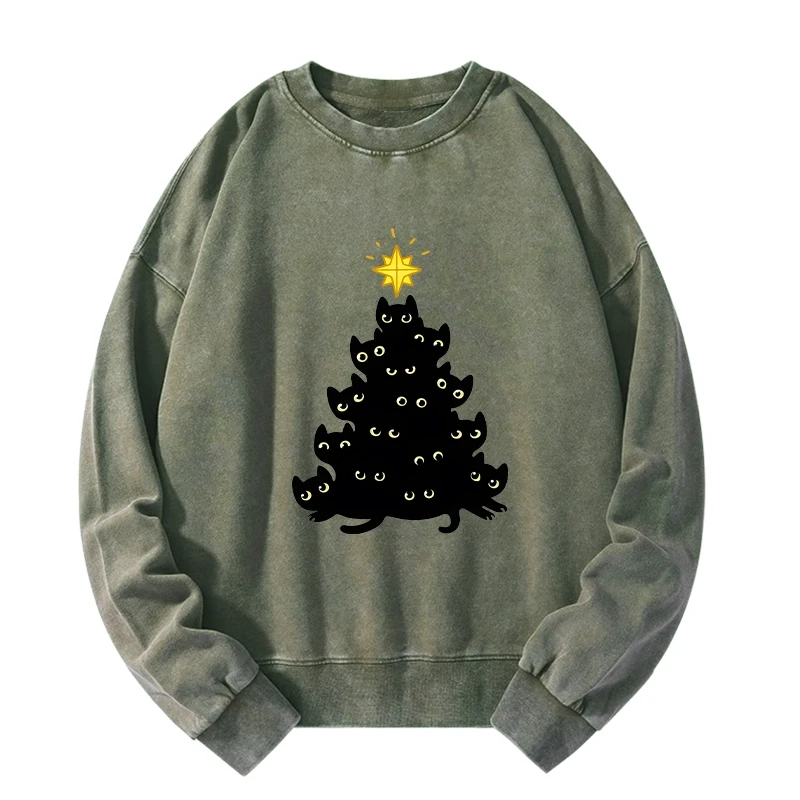 Tokyo-Tiger Black Cat Christmas Tree Washed Sweatshirt