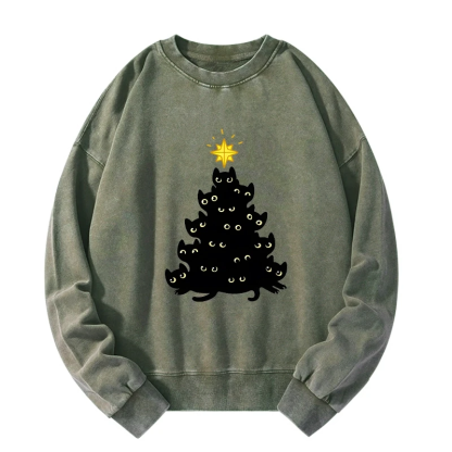 Tokyo-Tiger Black Cat Christmas Tree Washed Sweatshirt