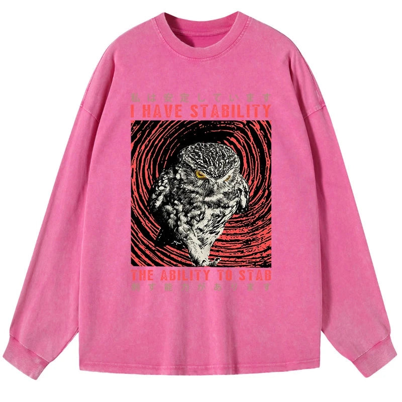 Tokyo-Tiger I Have Stability Owl Washed Long Sleeve T-Shirt