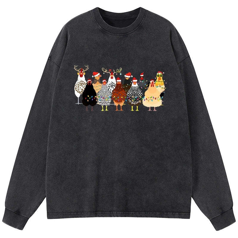 Tokyo-Tiger A Flock Of Christmas Chickens Washed Long Sleeve T-Shirt-tokyo-tiger
