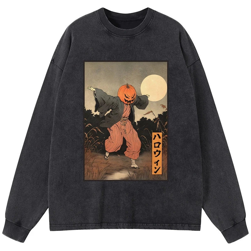 Tokyo-Tiger Japanese Pumpkin Monster Washed Long Sleeve T-Shirt