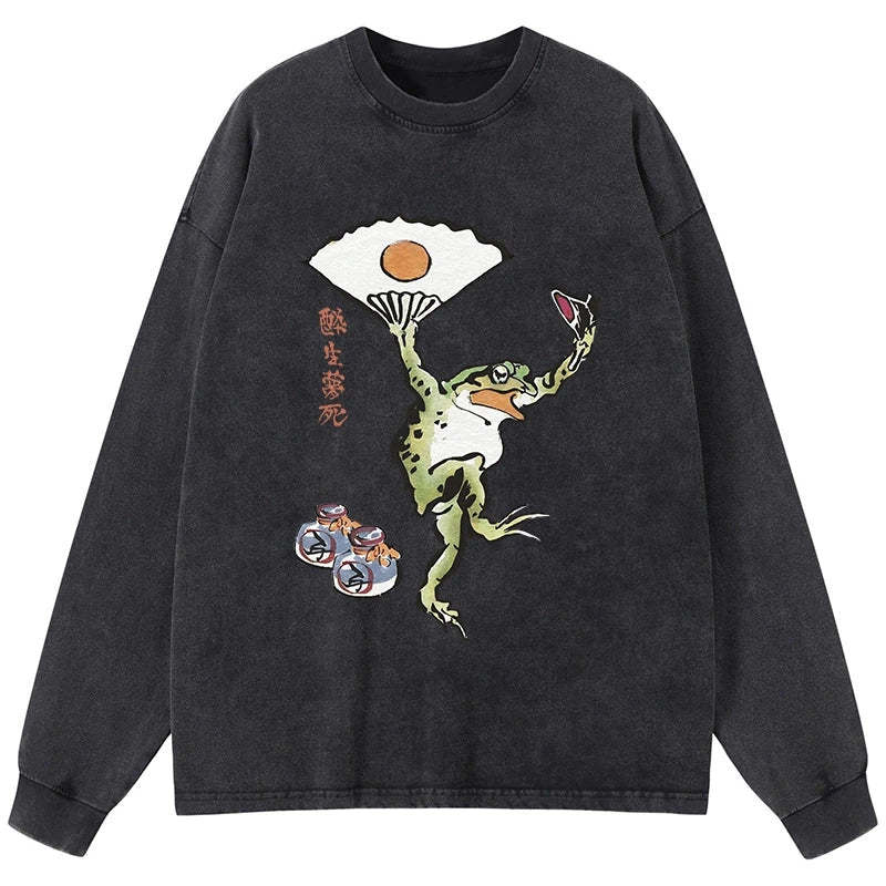 Tokyo-Tiger Dancing Frog Japanese Washed Long Sleeve T-Shirt