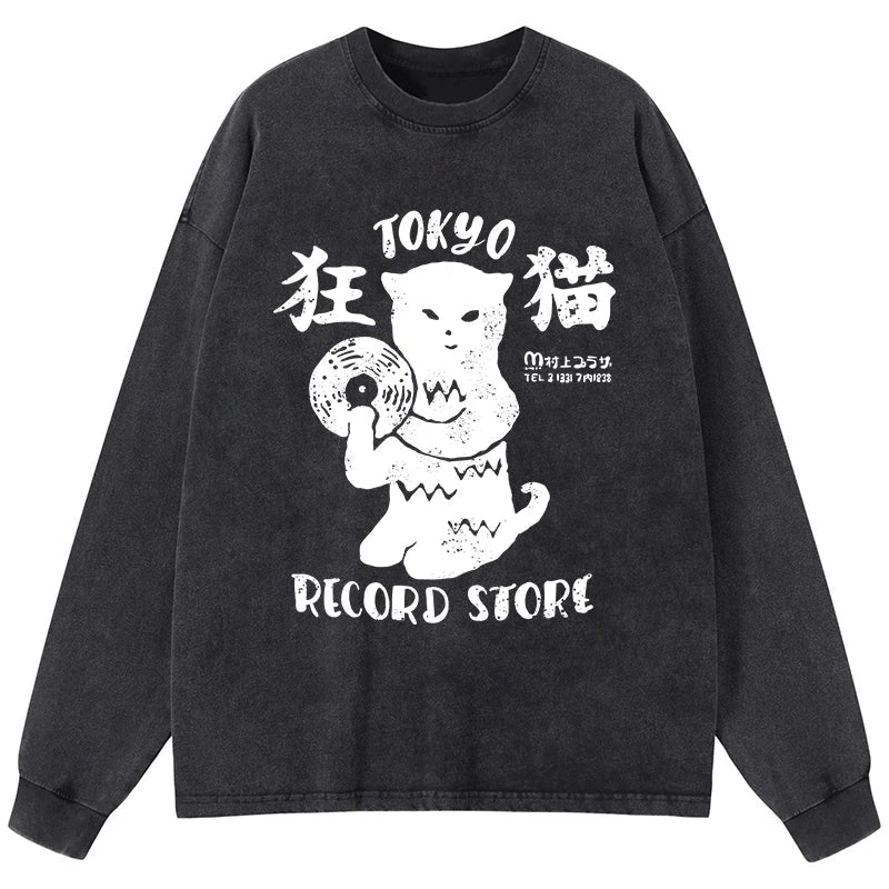 Tokyo-Tiger Tokyo Record Store Cat CD Washed Long Sleeve T-Shirt