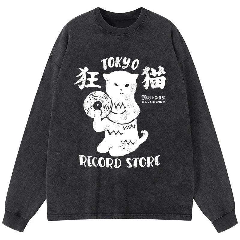 Tokyo-Tiger Tokyo Record Store Cat CD Washed Long Sleeve T-Shirt Sale