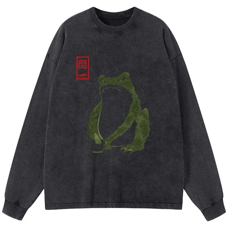 Tokyo-Tiger Woodblock Print Frog Washed Long Sleeve T-Shirt
