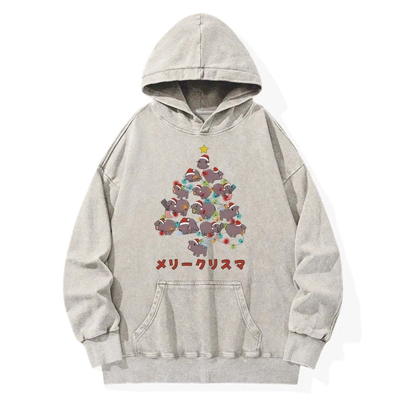 Tokyo-Tiger Moo Deng Christmas Tree Japanese Washed Hoodie