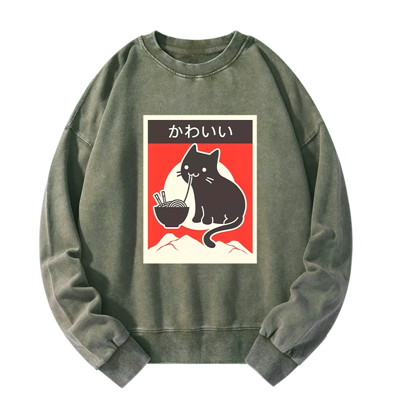 Tokyo-Tiger "Kawaii" Vintage Style Japenese Ramen Cat Washed Sweatshirt-tokyo-tiger