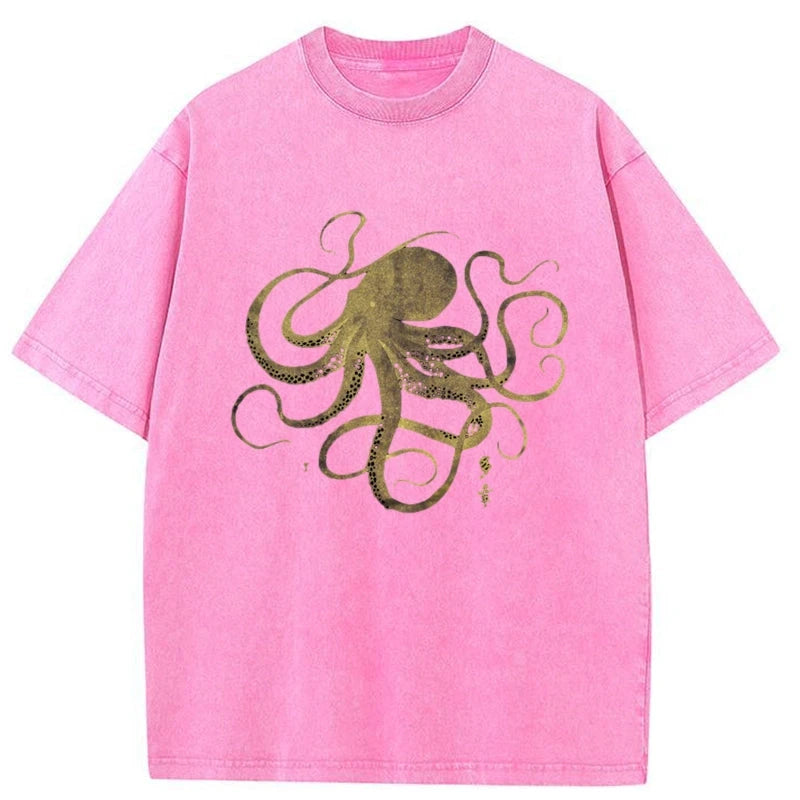 Tokyo-Tiger Octopus Japanese Gold Print Tattoo Washed T-Shirt