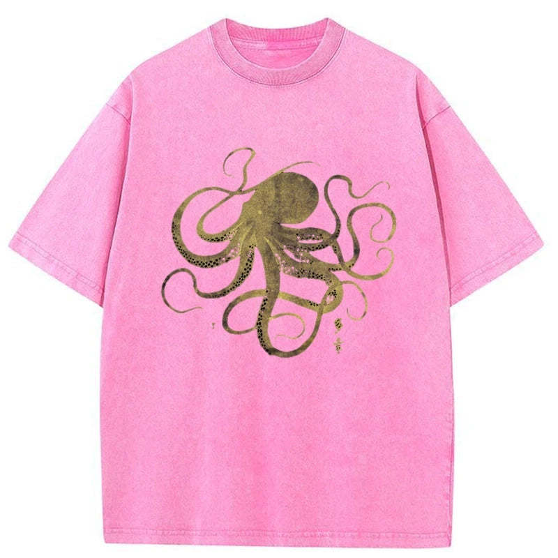 Tokyo-Tiger Octopus Japanese Gold Print Tattoo Washed T-Shirt