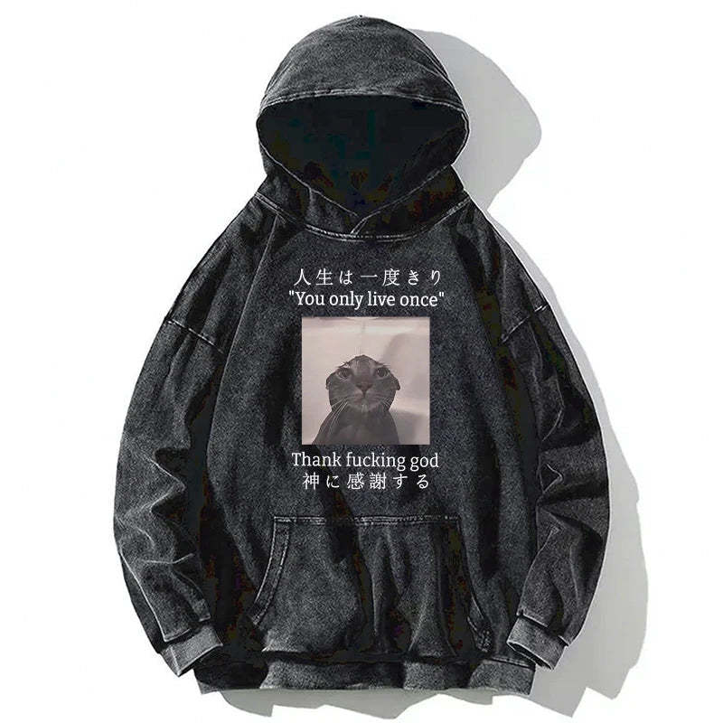 Tokyo-Tiger Funny Melancholy Cat Washed Hoodie