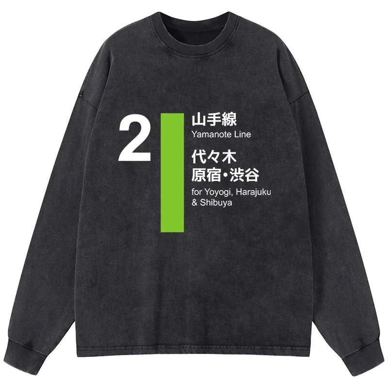 Tokyo-Tiger Yamanote Line Shibuya And Harajuku Washed Long Sleeve T-Shirt