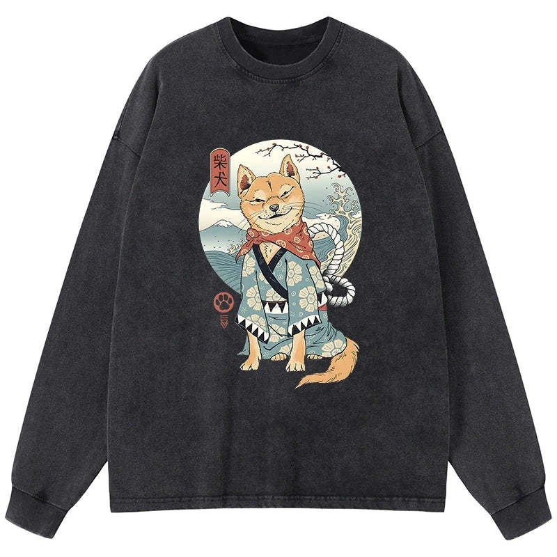 Tokyo-Tiger Samurai Shiba Dog Japanese Washed Long Sleeve T-Shirt