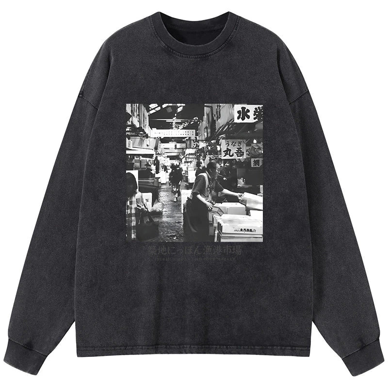 Tokyo-Tiger Tsukiji Fish Market Photo Washed Long Sleeve T-Shirt