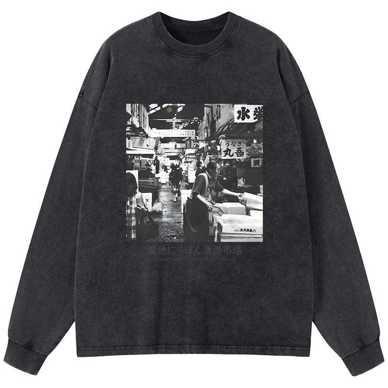 Tokyo-Tiger Tsukiji Fish Market Photo Washed Long Sleeve T-Shirt