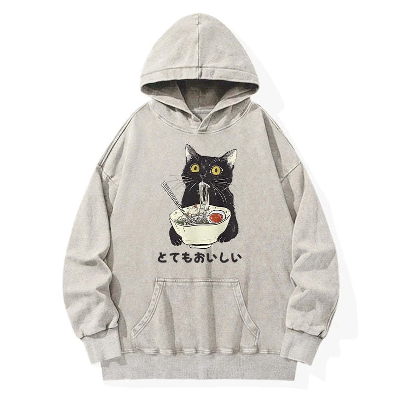 Tokyo-Tiger Cats Eat Ramen Noodles Washed Hoodie Sale