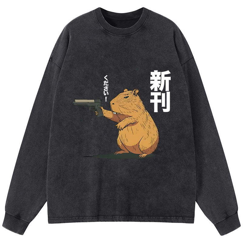 Tokyo-Tiger Capybara Holding A Gun Washed Long Sleeve T-Shirt