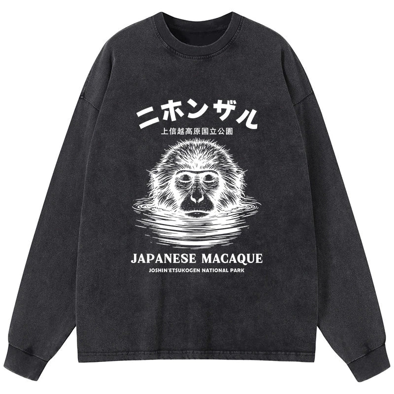 Tokyo-Tiger The Macaque Monkey In The Bath Japanese Washed Long Sleeve T-Shirt