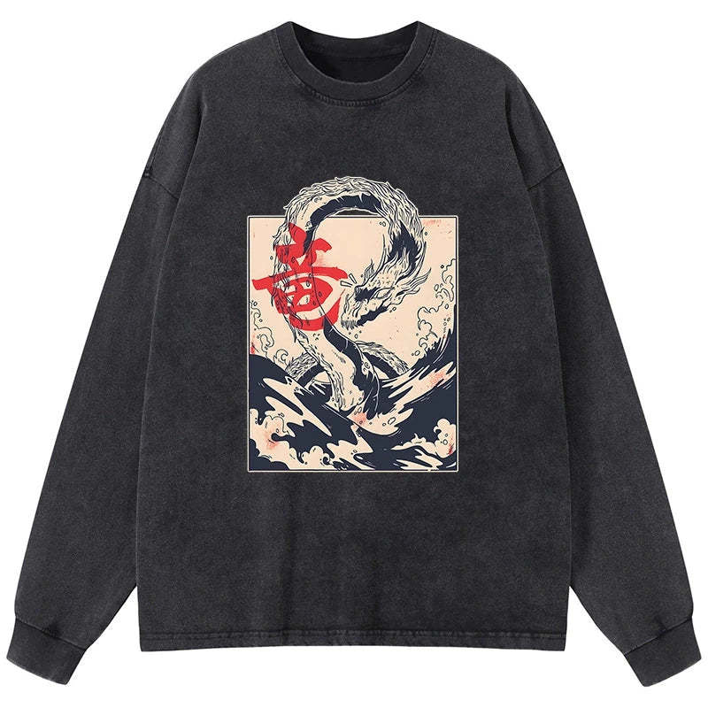 Tokyo-Tiger Sea Dragon Japanese Washed Long Sleeve T-Shirt Sale