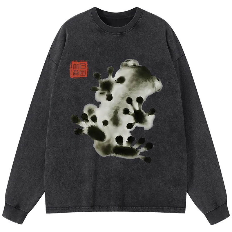 Tokyo-Tiger Ink Painting Frog Washed Long Sleeve T-Shirt
