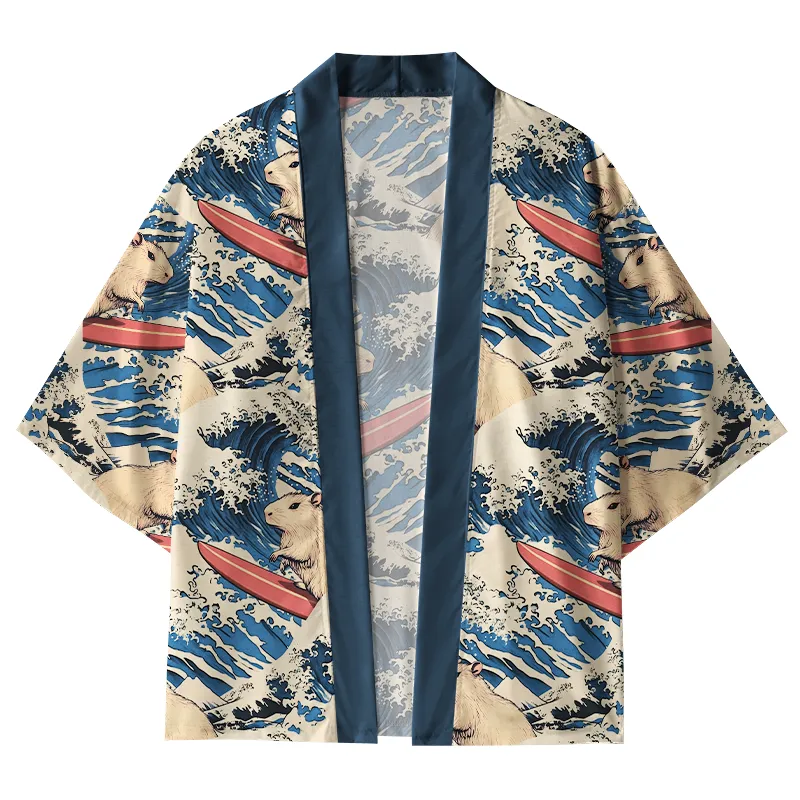 Tokyo-Tiger Funny Capybara Surfing Kimono Cardigan