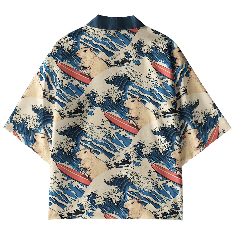 Tokyo-Tiger Funny Capybara Surfing Kimono Cardigan