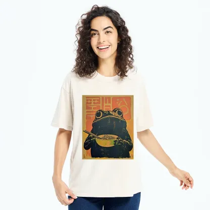 Tokyo-Tiger Retro Frog Eating Ramen Washed T-Shirt