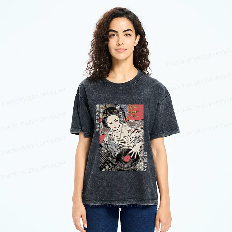 Tokyo-Tiger Geisha DJ Funny Washed T-Shirt