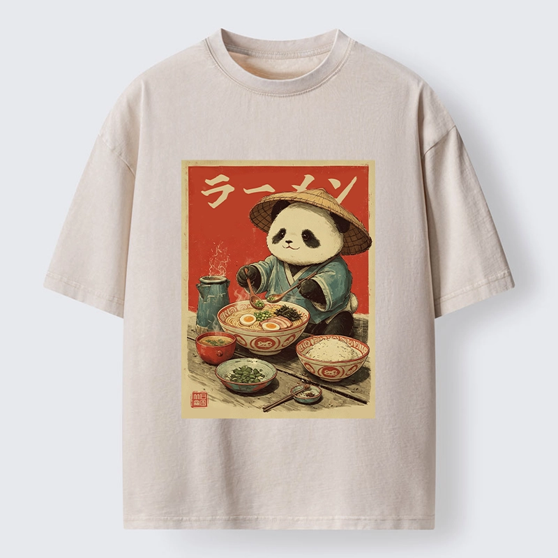 Tokyo-Tiger Panda Enjoying Ramen Washed T-Shirt