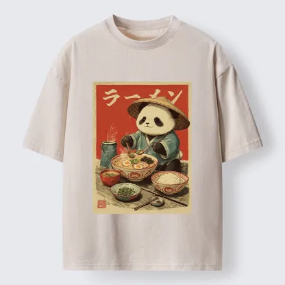 Tokyo-Tiger Panda Enjoying Ramen Washed T-Shirt