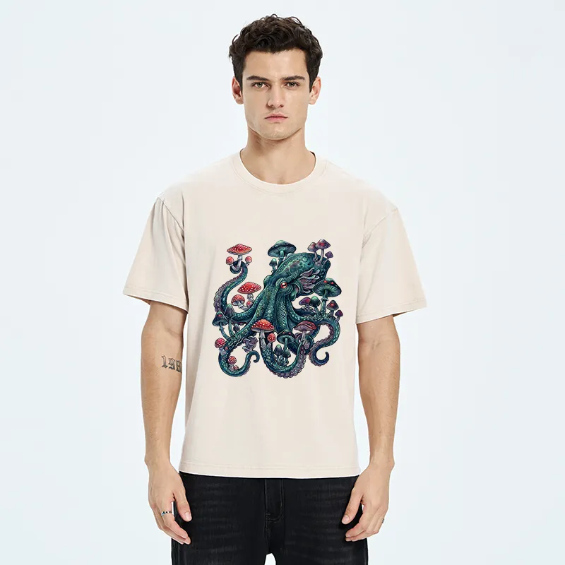 Tokyo-Tiger Octopus Covered In Mushrooms Washed T-Shirt