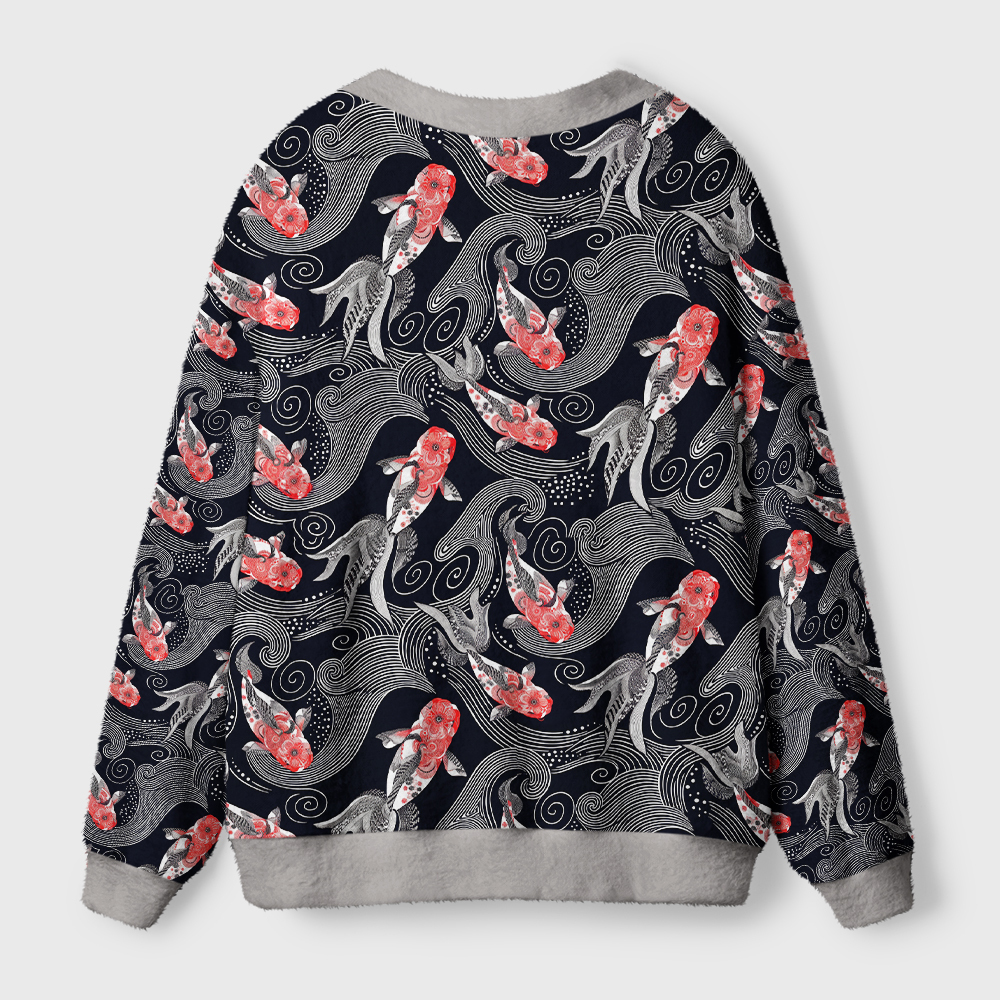 Tokyo-Tiger Koi And Currents Ugly Cardigan Sweater