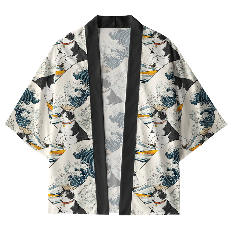 Tokyo-Tiger Funny Cat Surfing Kimono Cardigan