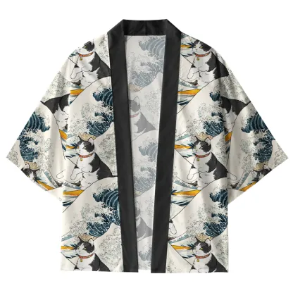 Tokyo-Tiger Funny Cat Surfing Kimono Cardigan