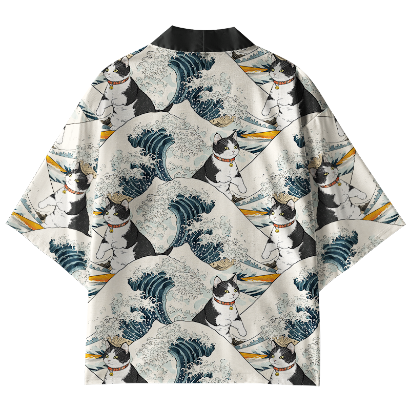 Tokyo-Tiger Funny Cat Surfing Kimono Cardigan