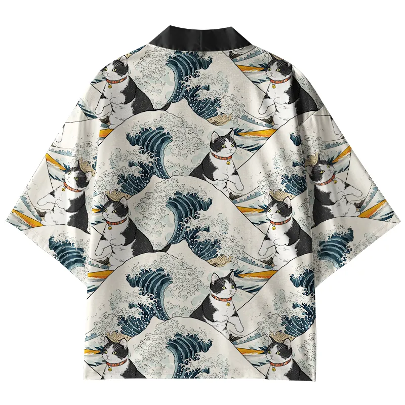 Tokyo-Tiger Funny Cat Surfing Kimono Cardigan