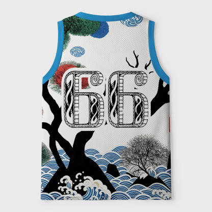 Tokyo-Tiger Ukiyo-e Owl Red Sun Pine Wave Mesh Tank Top