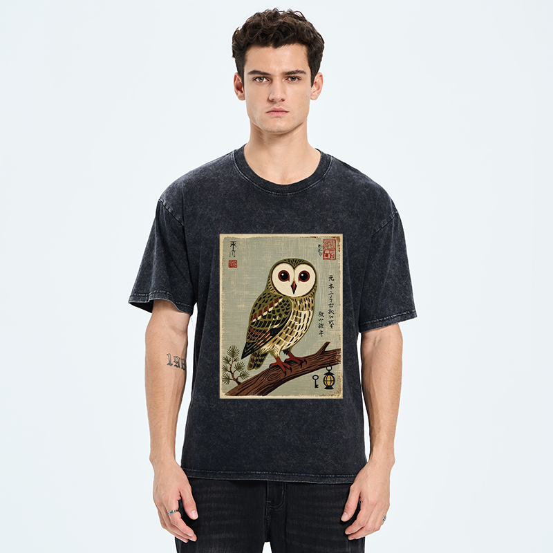 Tokyo-Tiger Vintage Woodblock Owl Art Washed T-Shirt