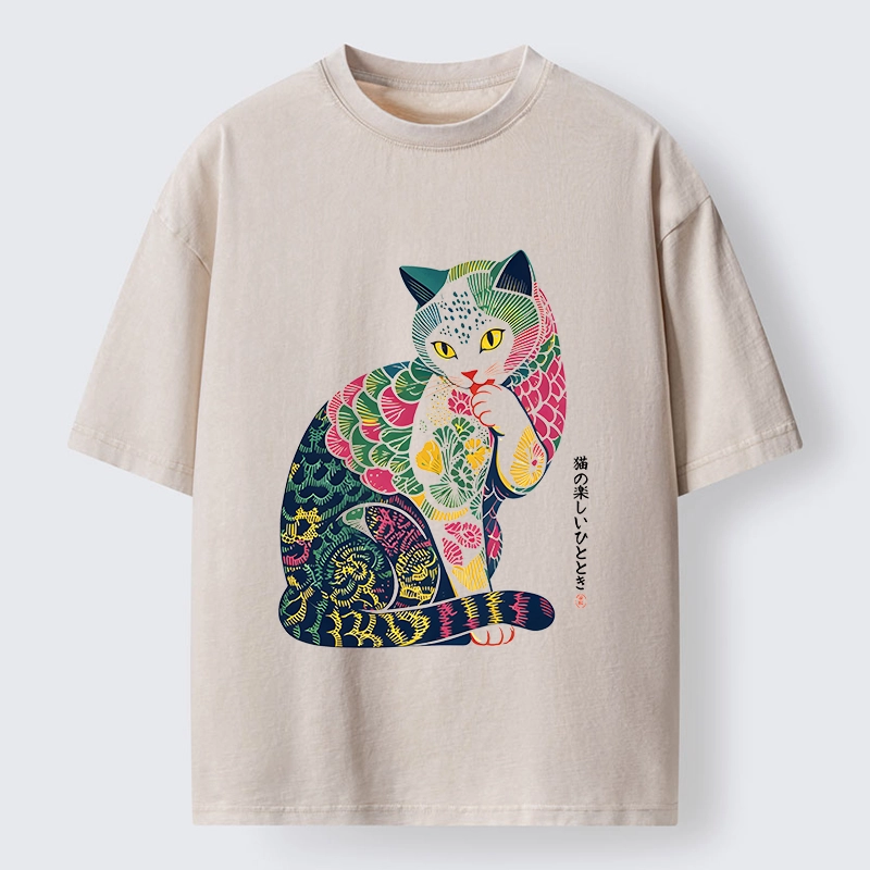 Tokyo‑Tiger Colorful Japanese Cat Washed T‑Shirt