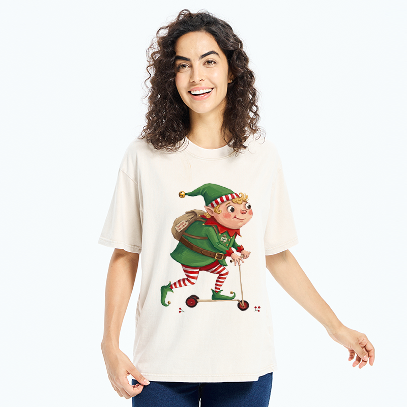 Tokyo-Tiger Christmas Elf Scooter Ride Washed T-Shirt