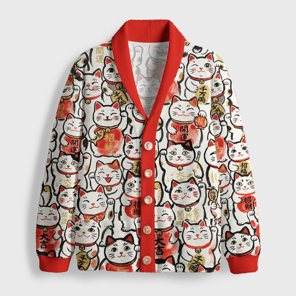 Tokyo-Tiger Maneki Neko Fullprint Shawl Collar Cardigan
