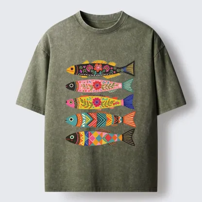 Tokyo-Tiger Colorful Patterned Fish Washed T-Shirt