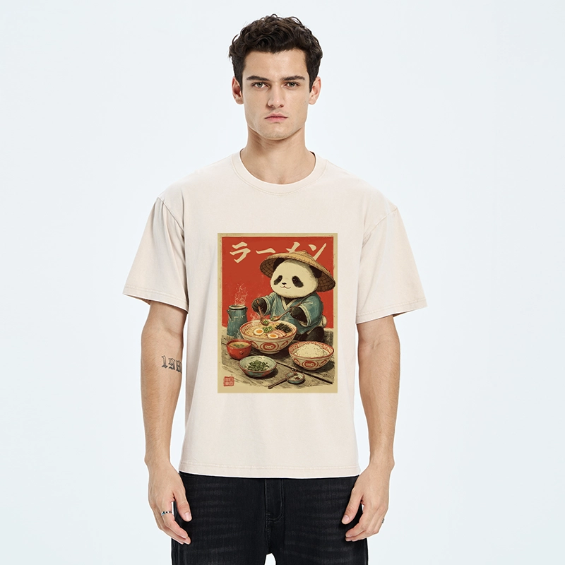 Tokyo-Tiger Panda Enjoying Ramen Washed T-Shirt