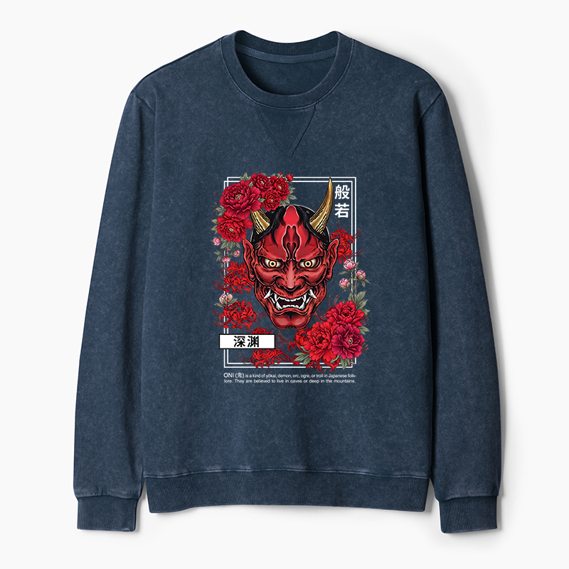 Tokyo-Tiger Cool Oni Floral Art Washed Terry Sweatshirt