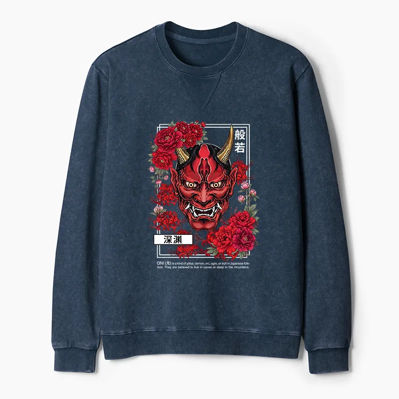 Tokyo-Tiger Cool Oni Floral Art Washed Terry Sweatshirt